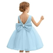 Flower Girls Dress Wedding Satin Dresses Princess Birthday Party Prom Ball Gown for Toddler Kids Blue,5-6 Years